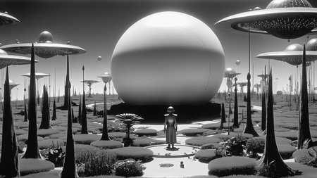 Director Sergei Eisenstein style - film still 1925. In the future, metropolis style, old movie grain
 <lora:FaeTastic:0.3>  <lora:Director Sergei Eisenstein style:0.7>
Explorers in a vast utopian fantasy garden full of growing bioluminescent plants with a warm and bright glow. Some white highlights throughout and bright negative space. A large spherical tech apparatus is under construction in the centre of a clearing.
In the style of Jean Giraud Moebius, Chris Riddell. Distinct high contrast linework and flat colour. Dominant colours are white, orange, vivid purple and teal., concept art. digital artwork, illustrative, painterly, matte painting, highly detailed