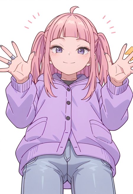 Smooth Quality,masterpiece,beautiful aesthetic, very intricate, high quality details, ultra realistic, high detailed skin,
simple background, white background,
from below,spread fingers,=^=,
skinny jeans, ,cardigan,  ,Claw ring, <lora:Fuyuki_Momokocnn:0.8> momoko/cnn, pink hair, 1girl, ahoge, purple eyes,petite,