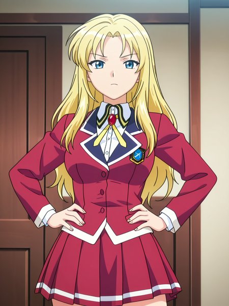 masterpiece, best quality, amazing quality, very aesthetic, absurdres, newest,shiny skin  anime screenshot,  anime coloring, looking at viewer,    <lora:AfterClassLesson:1>1girl, solo, blondehairgirl long hair, blonde hair school uniform,  hands on own hips,