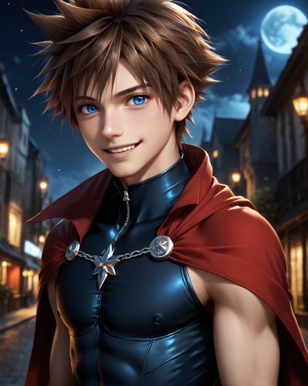 score_9, score_8_up, score_7_up, intricate details, rating_questionable,
<lora:homri52:1>
,
<lora:Sora_KH_-_Pony2:0.8>, 1boy(sora, male focus, solo, blue eyes, brown hair, spiked hair,, looking at the viewer, solo, happy, 
red cloak, sleeveless tight bodysuit), outdoors, at night, darkness
,
highres,
detailed background, depth of field, 
<lora:ral-chrosc-clr:0.5>, ral-chrosc-clr,
<lora:Expressive_H:0.5>, Expressiveh,
<lora:xl_more_art-full_v1:0.3>,
<lora:add-detail-xl:0.3>,