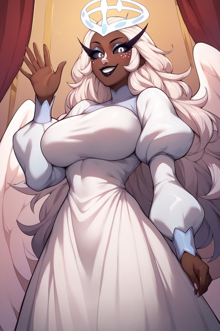 score_9, score_8_up, score_7_up, score_6_up, score_5_up, score_4_up, SeraHHXL, dark skin, colored skin, no ears, white nose, white freckles, makeup, black lips, colored sclera, white eyes, black pupils, white hair, long hair, halo, glowing halo, angel wings, large breasts, puffy sleeves, white dress, long slevees, long skirt, solo, standing, waving, seductive smile, looking at viewer, heaven  <lora:SeraHHXL:0.8>