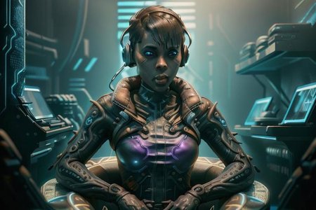 1 adult woman, CyberMamanBrigitte, headphones, goggles, detailed face, (partially submerged in watertube),  (catsuit, CircuitBoardAI) 
BACKDROP is water tube AND interior of cyberpunk nethacker workshop, GlowingRunes_paleblue, GlowingRunes_purple, detailed