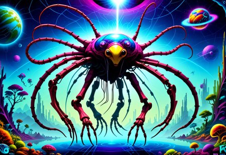--(very aesthetic, best quality, ultra detailed), intricate details,
masterpiece, perfect, award winning, prize winning, concept art, Jed-Spl4sh, nvinkpunk,
alien space creature, segmented body, multiple eyes,  techno insectoid, pudgy limbs, shiny body, chitlin, antenna, reflective body, alien planet, lush wildlife, colorful, vibrant colors, color contrast, bold lines, crisp lines, sharp lines , asymmetrical,