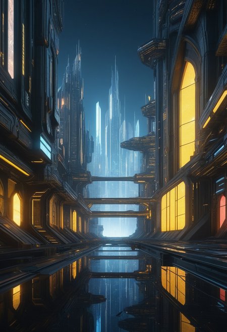 Midnighty, small colorful scifi future city, 
score_9, score_8_up, score_7_up, score_6_up, score_5_up, score_4_up, UHD, 8K, masterpiece, detailed, ultra_high_resolution, lots of detail, OverallDetailXL, detailxl, Sci-fi Environments, epiCPhotoGasm-colorfulPhoto, blackswan, stained glass, ultimate, magical lighting, broken glass, mirror, yellow crystals,