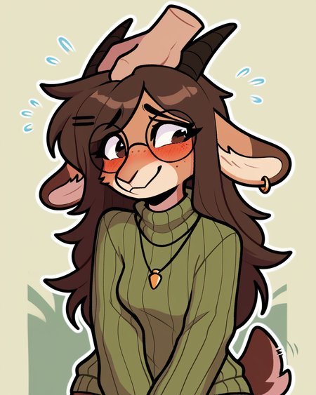 score_9_up, score_8_up, score_7_up, score_6_up, half-length portrait,  by remanedur, furry, blush, female, furry female, round glasses, green sweater, sleeves past fingers, sleeves past wrists, goat, horns, nervous,  hairclip, brown hair, freckles, medium breasts, necklace, brown eyes, ear piercing, shorts, leg warmers, female, ring, long hair, tail, cloven hooves, solo, smile, happy, petting, petting head, head pat, white disembodied hand, white humanoid hand, head tilt,  three-quarter view, head tilt, tail, simple background, white outline, <lora:Leah_Pines(AIM)_XL_v1:0.15> <lora:PDXL_artist_tags_v2_big:0.5> <lora:The-Minuscule-Task_PDXL_v1.0:0.6>  <lora:Kiko_Jayrnski:0.7>