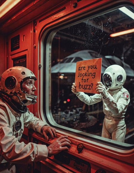 cinematic photo A cinematic, high-contrast image of an astronaut inside a futuristic space station, illuminated by red emergency lights. The astronaut leans forward in shock, staring out the large window. An eerie alien with circular space suit with translucent, jellyfish-like skin and elongated fingers presses a handwritten sign against the glass: âare you looking for buzz?â The dark vacuum of space stretches behind it, with a massive, shadowy spaceship barely visible in the distance.  RetroFutureDystopia
 <lora:retro-future-dystopia:0.55>, 35mm photograph, film, bokeh, professional, 4k, highly detailed