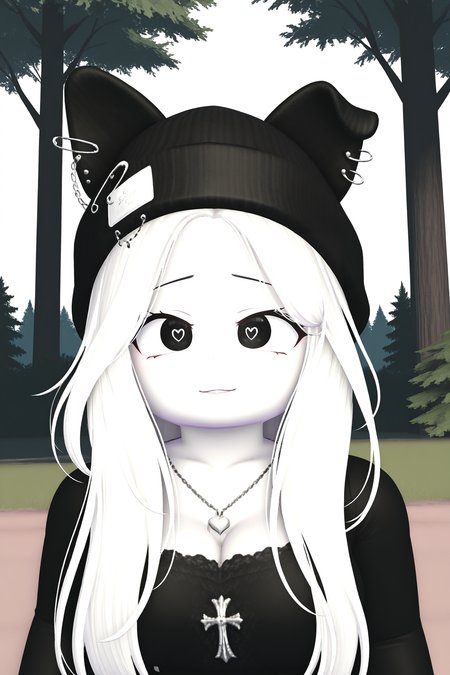 masterpiece,best quality,amazing quality, BREAK, TheBrayanVTOCILXL, white skin, colored skin, black eyes, heart-shaped pupils, white hair, long hair, parted bangs, black beanie, animal ears, black ears, ears through headwear, ear piercing, large breasts, necklace, black shirts, long sleeves, solo, front view, (portrait, upper body), solo focus, seductive smile, looking at viewer, forest, tree  <lora:TheBrayanVTOCILXL:1>
