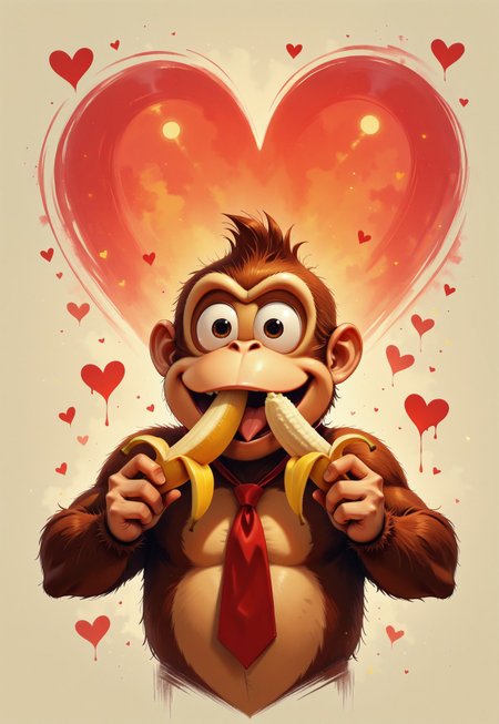<lora:KFT_Romance_Style_Illustrious:1.8> kftlove, absurdres, highly-detailed, best quality, masterpiece, realism, very aesthetic, 1boy, Donkey Kong, red tie, solo, eating banana, heart