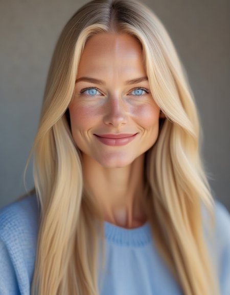 A gentle image of a woman with long, straight blonde hair, her round face soft and serene, her blue eyes filled with kindness, her lips curved in a gentle smile, exuding warmth and compassion. <lora:usual-portrait-v2:1>