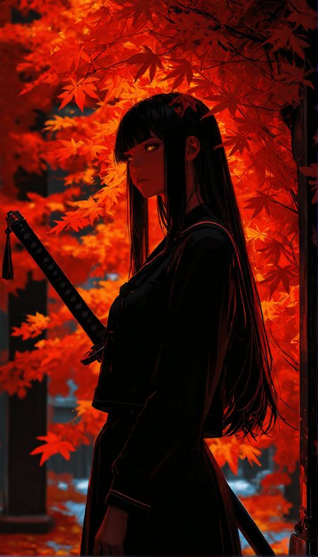 masterpiece, best quality, ultra detailed, amazing quality, very aesthetic, newest, (high res, 8k:1.2)
1girl, solo, Standing, Carrying a Japanese sword
school uniform, black serafuku, long hair, straight hair, Tall, Gold eyes
<lora:illustrious_best_quality_v1:0.5>  <lora:ponyv6_noobV1_2_adamW:0.6>
<lora:illustriousXL_stabilizer_v1.23:0.35>
BREAK
cinematic lighting, blurred background, painting \(medium\)
Autumn leaves, lots of autumn leaves, Red theme
<lora:nhl-001:0.7> nhl-001, limited palette, realistic
<lora:GWZS-IL:0.5> gwzs, detailed drawing
(by GUWEIZ:0.8)
<lyco:FINALE:0.4>