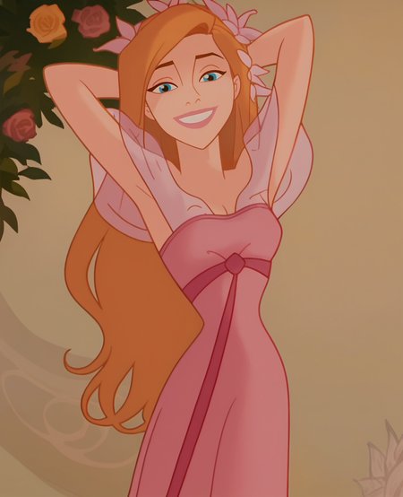 score_9, score_8_up, score_7_up, score_6_up, score_5_up, score_4_up,  screencap, <lora:Giselle_Enchanted-000007:1> , giselle1, 1girl, solo, long hair, blue eyes, dress, orange hair, see-through,  pink dress, hair ornament, off shoulder,looking at viewer, smile, arms behind head, armpits