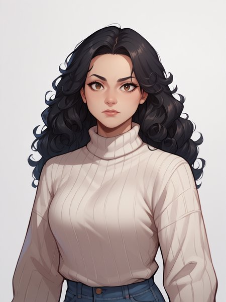 score_9, score_8_up, score_7_up, score_6_up, 1girl, black hair, long hair, curly hair, brown eyes, white thick knit sweater, jeans, upper body, simple background, (Al Rio), <lora:AL_Rio_Pony_v1.0:0.9>