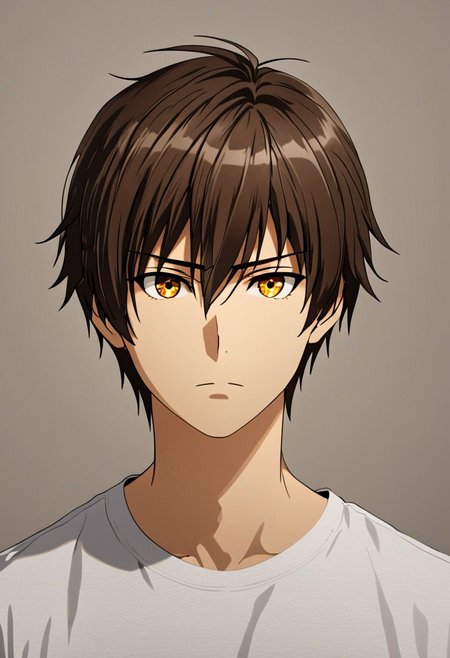 Highres, Masterpiece, High Quality, 4K, 8K, solo, 1Boy, Seiya Kanie, short dark brown hair, golden eyes, Shirt, passport_photo_style, looking at viewer, focused gaze forward, plain background, straight body, head upright, easynegative, detailed_eye_model