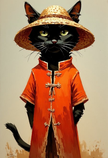 Oil painting by Frank Frazetta. An antrophomorphic black cat wearing a ricefarmer hat and an ao dai dress.