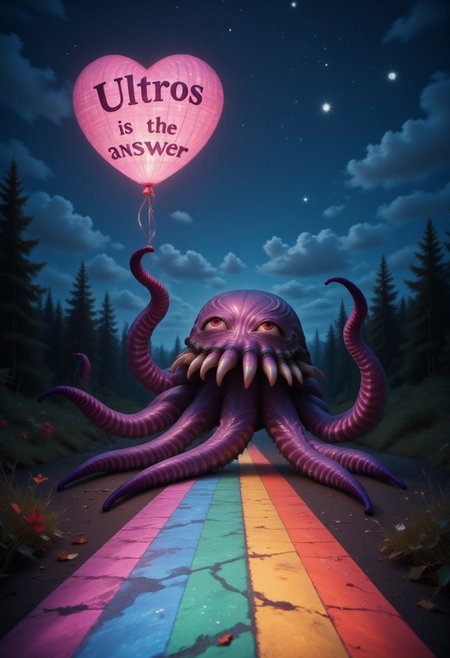 aidmaLOVEboost, they glow at night, a high quality digital image of an 8-tentacled purple octopus on a road made of a vivid intricate rainbow, holding an intricate heart shaped helium balloon with the text: "Ultros is the answer" written on it in stylized text