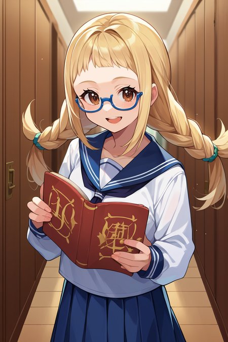 score_9, score_8_up, score_7_up, score_6_up, source_anime, BREAK 1girl, solo, <lora:penelo-pdxl-nvwls-v1-000005:1> defPenelo, blonde hair, brown eyes, twin braids, serafuku, white shirt, blue sailor collar, blue skirt, pleated skirt, glasses, smile, holding book, happy, open mouth, hallway, looking at you