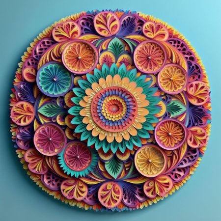 , Mandala style, paper art, beautiful tropical fruits theme, colorful, 3d mandala pattern,  asymetrical