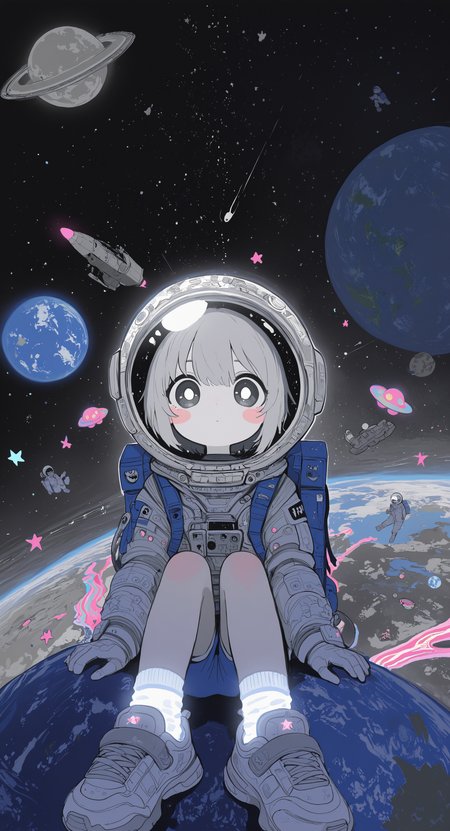 masterpiece, best quality, good quality, very awa, newest, highres, absurdres, 1girl, solo, looking at viewer, blush, short hair, long sleeves, sitting, full body, grey hair, shorts, shoes, socks, star \(symbol\), bag, black eyes, grey eyes, white socks, blush stickers, moon, backpack, helmet, bright pupils, sneakers, star \(sky\), knees up, white pupils, blue shorts, space, planet, earth \(planet\), spacecraft, spacesuit, ufo, space helmet, blue bag, astronaut, limited palette, glowing, psychedelic, <lora:illustriousXL_stabilizer_v1.23:0.3> <lora:NOOB_vp1_detailer_by_volnovik_v1:0.3> <lora:ponyv6_noobE11_2_adamW-000017:0.3> <lora:114558v4df2fsdf5:0.6> <lora:XXX667:0.4> <lora:mon_monmon2133:0.5>