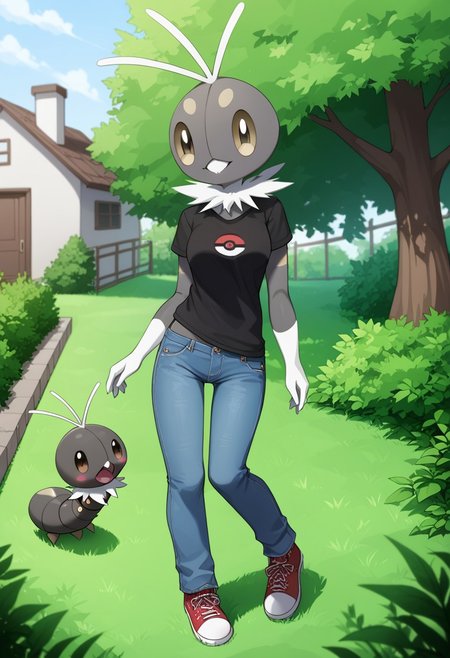 (source_anime, source_furry, score_9:1), (score_8_up, score_7_up:1), rating_explicit, BREAK solo,  mouth, ,smile, , tee-shirt,medium breasts,(,female,jeans,shoes, garden,tree,house,,Pokemon (creature), , hips slim legs,cute,cute face, ,,anthro,Scatterbug