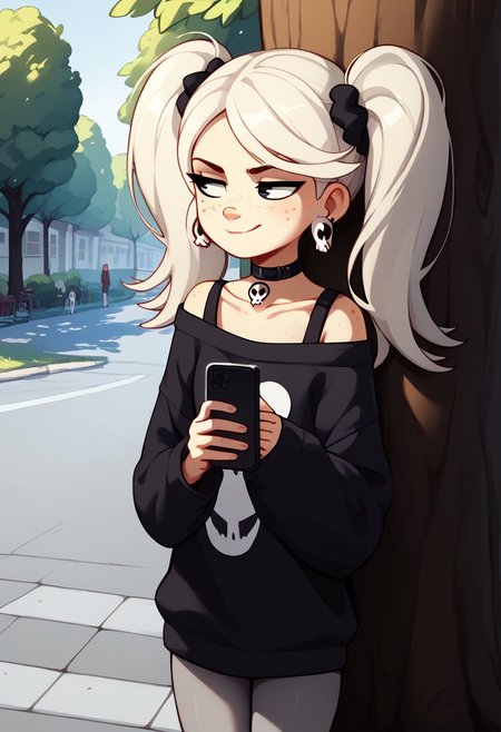 score_9, score_8_up, score_8, score_9, 1girl, solo, 
platinum blonde hair, long hair, twintails, red freckles, black eyes,skull earrings, black choker,  ghost print black sweater, off shoulder sweatshirt, gray pantyhose, black sneakers, black straps, small breasts, collarbone, smug,
<lora:Twintails_Marra_v1:>
outdoors, sidewalk, leaning against tree, holding cellphone, looking at cellphone, , ((upper body focus))