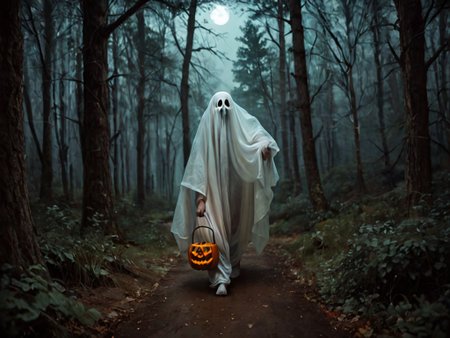 score_9, score_8_up, score_7_up,creepy,scary, white ghost,photorealistic, realistic, arms,forest, trees, walking, holding a halloween bucket, 1 ghost, night, white haze <lora:white_ghost:1>