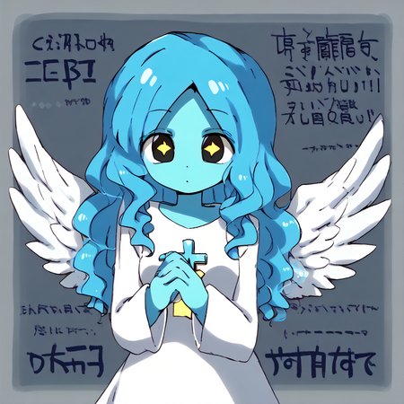 <lora:eromame:1.2>,  <lora:missgoddess:0.8>, missgoddess, 1girl, solo, (feathered white wings:1.5), blue hair, colored skin, cyan skin, white dress, long sleeves, rosary, black eyes, star-shaped pupils, wavy hair