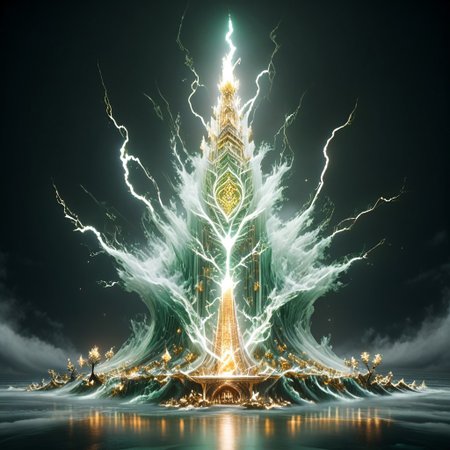 8k,hi res,(surreal,score_9, score_8_up, score_7_up, score_6_up),realistic analog photo, award winning photo,magnificent, celestial, ethereal, painterly, epic, majestic, magical, fantasy art ,((glowing runes:1.5),((beautiful nature on the background of the tower:1.3)),((The Elven style:1.7)),((Chinese style:1.7)),(elegant, beautiful,delicate and monumental style:1.7),(A great bonsai-style forest has grown in around the tower:1.7),((a tall building:1.5)),((a tall elven tower with balconies and open work windows, arches,openwork golden lattice :1.4)),(against the background of fabulous nature:1.5),((fabulous nature:1.5)),((Elven tower, stands against the backdrop of mountains:1.5)),((Lightning is dancing around the a tall tower:1.5)),(((a tall green transparent jade  fairy-tale elven with a golden ornament tower:1.5))),((where magical runes seem to be perfectly intertwined with the  the tower:1.5))), where the natural elements are rampant (((the power of the storm, the power of lightning, the power of fire))), where natural elements run amok (((the power of the storm:1.3))),(((the power of lightning:1.3))),(((the power of fire:1.3))) ((beautiful ancient fairy garden of emerald jade runestones:1.5)),(realistic detailed background),<lora:Tangbohu Detail Tweaker:-0.1>,<lora:Elven-Architecture_ponyXL_LOREVER:1>,<lora:Tempest_Magic_-_XL_Grimoire:1>, tempestmagic,<<lora:Awfully_Stylish_v15.2:1>,<lora:extremely_detailed:1.2>,<lora:glowneon_xl_v1:0.75>