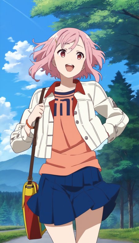 score_9,score_8_up,score_7_up,
<lora:yoshinokoharu>,yoshinokoharu,
 1girl, solo, pink hair, short hair, bouncing hair, bangs, red eyes, looking ahead, open mouth, happy, white jacket, open jacket, orange tank top, blue pleated skirt, carrying a single-strap shoulder bag, upper body, running, fromt view, from below, outdoors, dappled sunlight, morning, summer, forest, hill, blue sky, cloud