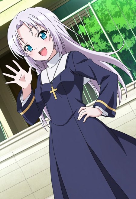 general,highres, ultra-detailed,very aesthetic,best quality ,best hands,best eyes,easynegative,
dynamic anglre, dutch angle, anime cloring,anime screencap,
1girl solo,looking at viewer,outdoors,school, smile, open mouth, waving hand, hand on hip, 
Maria TAKAYAMA,silver hair, long_hair, small breasts, short body, blue_eyes, petite,priest costume