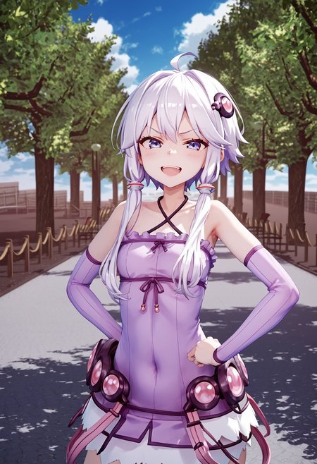 score_9, score_8_up, score_7_up, 
 <lora:YuzukiYukari_Uzai_V1:1>1girl, blue sky, bridge, closed mouth, cloud, cowboy shot, day, facing viewer, feet out of frame, hand on hip, jacket, lamppost, looking at viewer, open mouth, outdoors, outstretched arm, park, photo background, road, scenery, shadow, sleeveless, sleeveless dress, smile, solo, standing, tree, w, walking, wide shot, zettai ryouiki
smug, smirk, blush, teeth, angry, bush,(upper body:1.5)