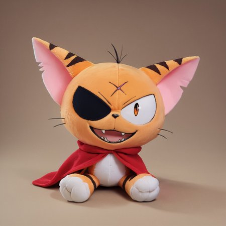 matatabi_ckc, solo, furry male, furry, looking at viewer, orange fur, eyepatch, male, cat, scar, red cape, , smile, open mouth, fangs, 1 eye, eye, looking at viewer, (((score_9, score_8, score_7, high quality, high detail, detailed face, good anatomy, plushify, character stuffed toy, chibi)))