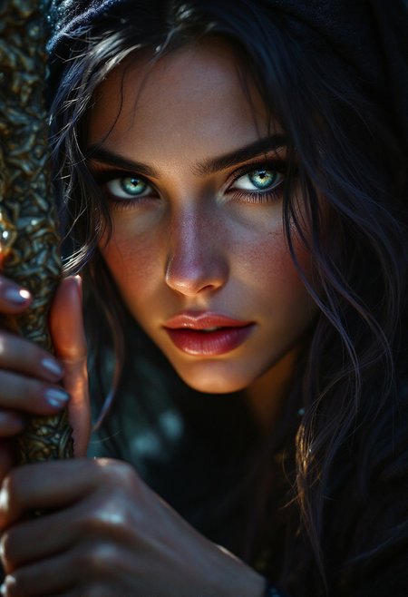 ultra realistic portrait of a sorceress holding a staff, digital painting by Jeremiah Ketner and Charlie Bowater and Stanley Artgerm and Thomas Saliot and J. Scott Campbell, shallow depth of field, light and shadows on face, incredibly detailed, full body length
