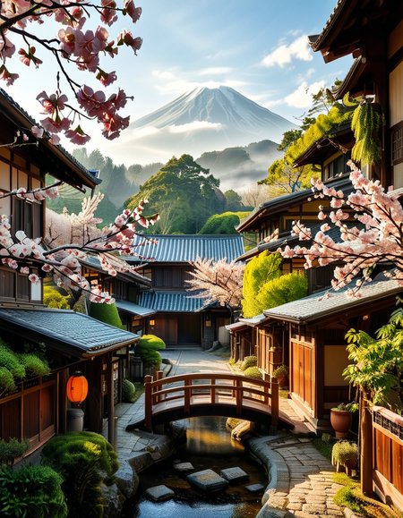 A picturesque traditional Japanese village nestled in a serene valley, surrounded by lush green mountains under a soft morning mist. The village consists of wooden houses with thatched roofs (gassho-zukuri style), showcasing intricate wooden details and sliding paper doors. A narrow stone-paved path winds through the village, leading to a small red torii gate at the entrance of a Shinto shrine. Cherry blossoms in full bloom line the streets, their pink petals gently falling in the breeze. A tranquil river flows through the village, crossed by an old wooden bridge with moss-covered stones. Villagers in traditional kimonos and straw hats go about their daily livesâan elderly man sweeping his porch, a woman carrying a basket of fresh produce, and children playing near a koi pond. The atmosphere is peaceful and nostalgic, with warm sunlight filtering through the trees, casting dappled shadows on the ground. The scene is rich in traditional Japanese aesthetics, evoking a sense of harmony and timeless beauty.
<lora:SDXLFaeTastic2400:0.4> <lora:extremely_detailed:0.4> extremely detailed,<lora:traditional_Japanese_v1ll4g3:1>,traditional Japanese v1ll4g3, Masterpiece,best quality,hi res,8k,hi res,8k,award winning,(sharp focus, intricate, highly detailed),