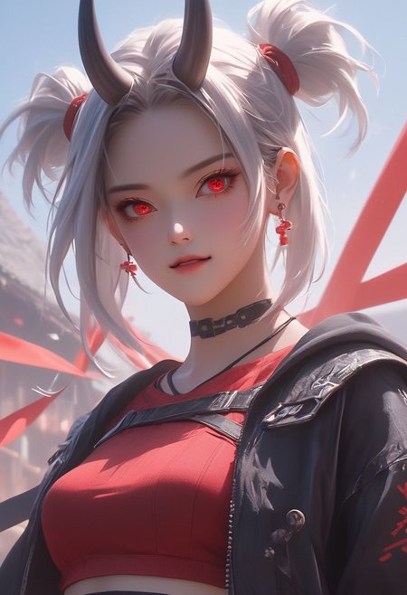 WLOP art style, Digital painting style visual effects, real humans, (Korean girl), Temari, looking at the audience, female, ((With straight one pair Oni Horns on On the forehead)), (((solo))), Innocent eyes and smile, ((((double pigtails)))) ,white hair, short hair, (fluffy very short spiky pigtails), ((abs)), ((((navel exposed)))), ((abs)), ((((navel exposed)))), black short Hoodie, red long-sleeved top, tight denim hot pants, long legs, clear face, ruby ​​red eyes, holding a gun, gun in hand, looking up, bright eyes, clarity, movie shot, (full body), complex Details, 8k post-production, faithful and colorful movies,