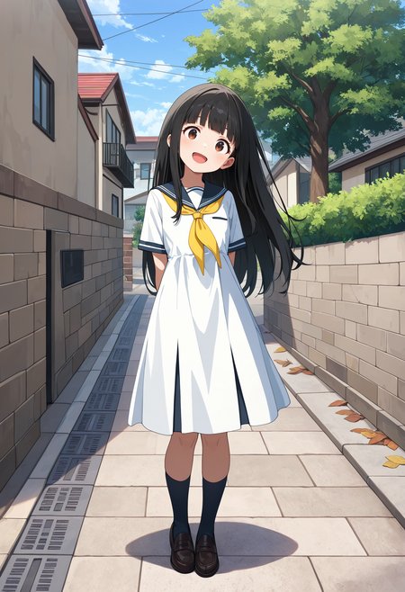 masterpiece, best quality, newest, absurdres, highres, safe, very aesthetic, intricate details, 
girl, NukumizuKaju Cyql, black hair, blunt bangs, straight long hair, brown eyes, :d, white dress, yellow neckerchief, socks, loafers, arms behind back, looking at viewer, 
standing, learning at side, head tilt, full body, (knees together feet apart:0.7), 
outdoors, town avenue, block wall, tree, house, road, sidewalk, blue sky
<lora:lora:0.85>