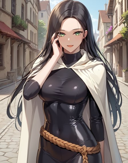 Altair_Justina_Cayenne, black hair, long hair, green eyes, mage clothes, black tight dress, white cape, rope belt BREAK outdoors, city street, medieval BREAK looking at viewer, sexy face, sexy smile, open mouth, cowboy shot, hand near face BREAK score_9, score_8_up, score_7_up, source_anime ,zPDXL, <lora:Altair_Justina_Cayenne:0.8>