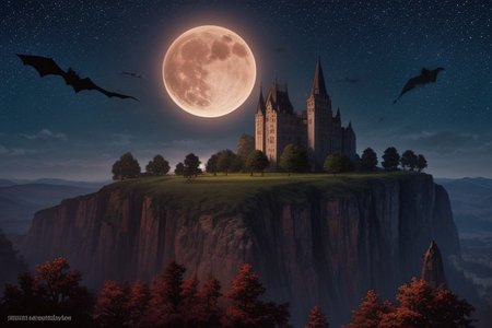 oil painting, of a castle on a cliff, forest, night, a flock of bats flying in the dark sky, reddish moon, clouds tainted red, dark theme, still life, shadows, haunted castle