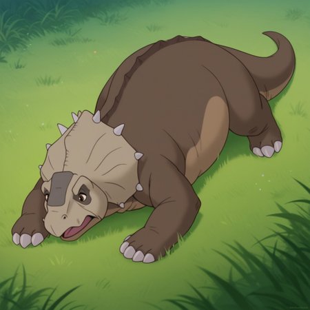 score_9, score_8_up, score_7_up, score_6_up, score_5_up, score_4_up, source_furry, thicknoselbt, feral, male,dinosaur, crest, spikes, Pachyrhinosaurus, brown skin, brown eyes, lying, in a grassy field