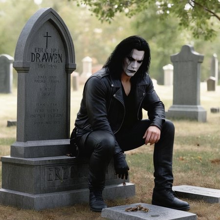 Hyperrealistic art of  <lora:graphic novel style:1.2>
1980's Eric Draven choppy hair a man leaning against a grave tombstone with his head down In the graphic novel style, Extremely high-resolution details, photographic, realism pushed to extreme, fine texture, incredibly lifelike