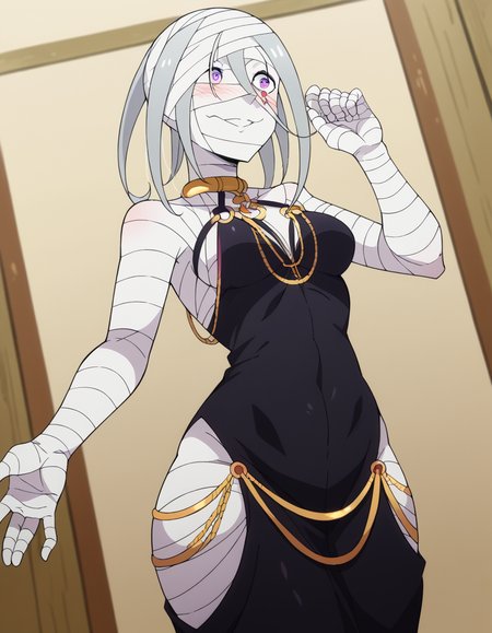 score_9, score_8_up, score_7_up, source_anime, <lora:sirius-romanee-conti-s3-p1-ponyxl-lora-nochekaiser:1>, sirius romanee conti, long hair, purple eyes, white hair, bandages, bandaged head, bandaged neck, bandaged arms, bandaged legs, bandaged hand, bandaged chest, bandaged torso, bandaged wrist, bandaged knees, medium breasts,, <lora:madokawa-dress-ponyxl-lora-nochekaiser:1>, modakawa dress, gold chain, tight dress, hip vent, low neckline, criss-cross back-straps, taut dress, evening gown, o-ring dress, black dress, backless dress,, indoors, smile, blush, , dutch angle, cowboy shot