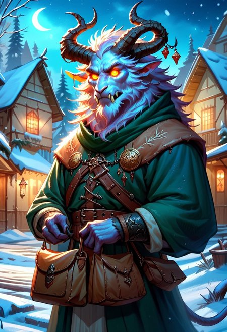 score_9, score_8_up, score_7_up, score_6_up, krampus, male, demon, horns, glowing eyes, carrying a bag, winter, village, night, medieval clothes