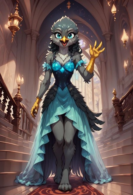 score_9, score_8_up, score_7_up, anthro,
(((Gabby))), Griffon,
facing viewer, front view, female focus, view from chesthight,
g5, pony, female, mare, tail, dock, solo, 1girl, highly detailed, beautiful, detailed eyes, detailed fur, beautiful eyes, (tall), ((perfect body proportions), (beautiful long legs),
small breasts, show accurate skin colour,
long hair, fluffy hair, biggest hair,
(((walking ((down)) a grand staircase))), (((waving to viewer))), ((happy, excited, smiling at viewer invitingly)),
(((wearing a beautiful eyecoloured bioluminescent shoulderfree ballgown))), glowing ballgown,
BREAK,
highly detailed background, (((nighttime))), night
inside Canterlot castle, ballroom, ((grand staircase)), mirror marble floor, (((dimmed lights in the room))),