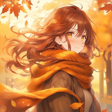 1girl, vibrant autumn leaves swirling, auburn hair, golden eyes reflecting sunset hues, cozy woolen scarf, warm earthy tones, nestled by a forest edge, gentle breeze, masterpiece, best quality, trending on Pixiv