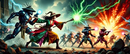 A dynamic action illustration showing a female techno-mage, wearing multi-colored robes and a (bamboo Coolie hat:1.2), engaging in an intense battle against several evil Daleks from planet Saros.  The techno-mage is using her staff to fire pulsating balls of green magical energy at the Daleks. The Daleks are firing red pulse energy beams at the techno-mage. Bolts of blue electrical discharges fill the air.  It is evening, and the battle takes place in a dark misty dystopian cityscape, outside a megalithic industrial complex.  This is a full frame body shot, providing a environmental wide angle view of the entire body.  Movie poster, bold colors, action sequence, complex patterns.  Intricate details, masterpiece, best quality.  Dramatic and dynamic high contrast lighting, dim dark atmosphere. <flux_realism_lora:0.64> <FluxDFaeTasticDetails:0.82> <BaroqueColorful:0.72>