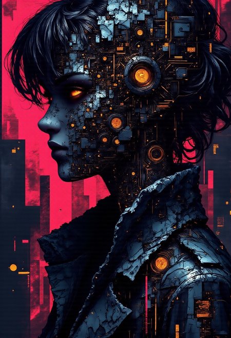bo-abyss, bo-digitalabstract, in the style of cksc,  A tomboyish woman's silhouette as the central figure, dark yet vibrant colors, intricate and fragmented designs resembling digital errors, distorted patterns, bold contrasting hues, flowing textures and surreal shapes. The woman is surrounded by glitch distortions, broken pixel effects, vibrant light streaks, and surreal dreamlike haze. The entire composition is digital surrealism as glowing circuits subtly embedded in the design.