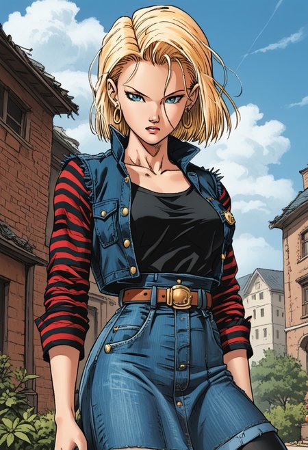 1girl, (android 18, blonde hair, blue eyes, eyelashes),solo, hoop earrings, short hair, earrings, belt, black legwear, black shirt, breast pocket, collarbone, denim, denim skirt, high-waist skirt, jewelry, long sleeves, pocket, shirt, shirt tucked in, skirt, striped, striped sleeves, waistcoat, outdoors,from below,close up,large breasts