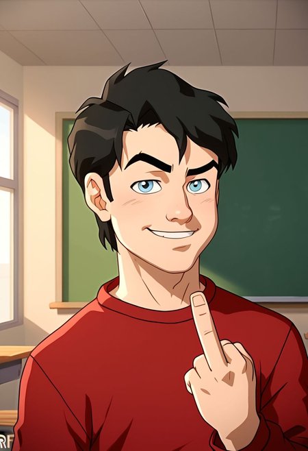 High Quality,  Billy batson, small body, solo, 1boy, black hair, blue eyes, red tshirt, bluejeans, young, rude boy, classroom, raised eyebrow, mischievous smile, looking at viewer, giving middle finger,