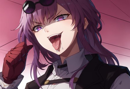 score_9, score_8_up, score_7_up, source_anime,
BREAK
<lora:shiDioV2:1.0>, konodiopose, pointing, parody, meme,
smile, open mouth, style parody, shaded face, v-shaped eyebrows, 
1girl, solo, cowboy shot, tongue out, drooling, saliva, 
<lora:kafuka-pony-Tanger:0.8> kafuka, eyewear on head, gloves, sunglasses, white shirt, purple hair, long hair, long sleeves, purple eyes, black jacket,