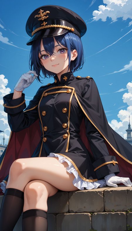 score_9, score_8_up, score_7_up, source_anime, 
<lora:Inui Sajuna :0.8>, BBSajuna, 1girl, white gloves, blue hair, military hat, outdoors, purple eyes, crossed legs, sitting, black socks, short hair, looking at viewer, blue sky, blush, cloud, day, black headwear, black dress, peaked cap, frills, feet out of frame, closed mouth, hair between eyes, buttons, smile, hand up, long sleeves, double-breasted, thighs, kneehighs, military uniform, cape, frilled dress