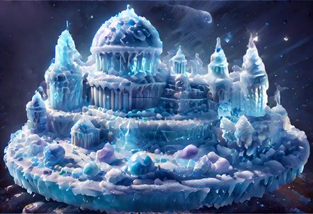 DarkFantasy, ice, ais-icebaby, made of ais-icebaby, dark, chiaroscuro, low-key, ((castle)),  3 towers,towers,  kaiyomuseum,  scenery, water, building, moon ice,  skyscraper, city, city lights, reflection, neon lights, ice_art, ice, matchcraft floating island, sky , star,(((matchcraft floating island))), ((islands floating)),Candy Land